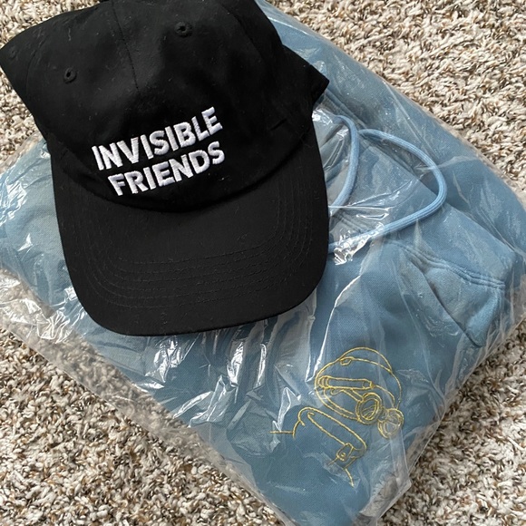 INVISIBLE FRIENDS STILL HIDING MERCH BUNDLE BLUE HOODIE BLACK DAD HAT LARGE *NEW - Picture 1 of 3
